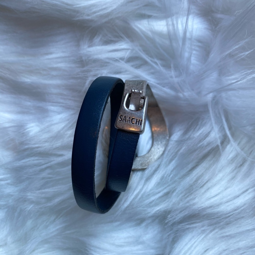 SAACHI Leather Wrap Cuff Bracelet Navy Blue Silver - Picture 6 of 8